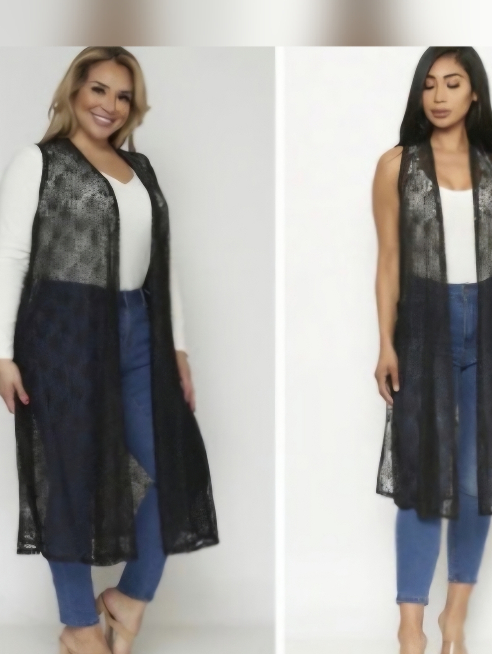 Long Sheer Charcoal Gray Lace Vest